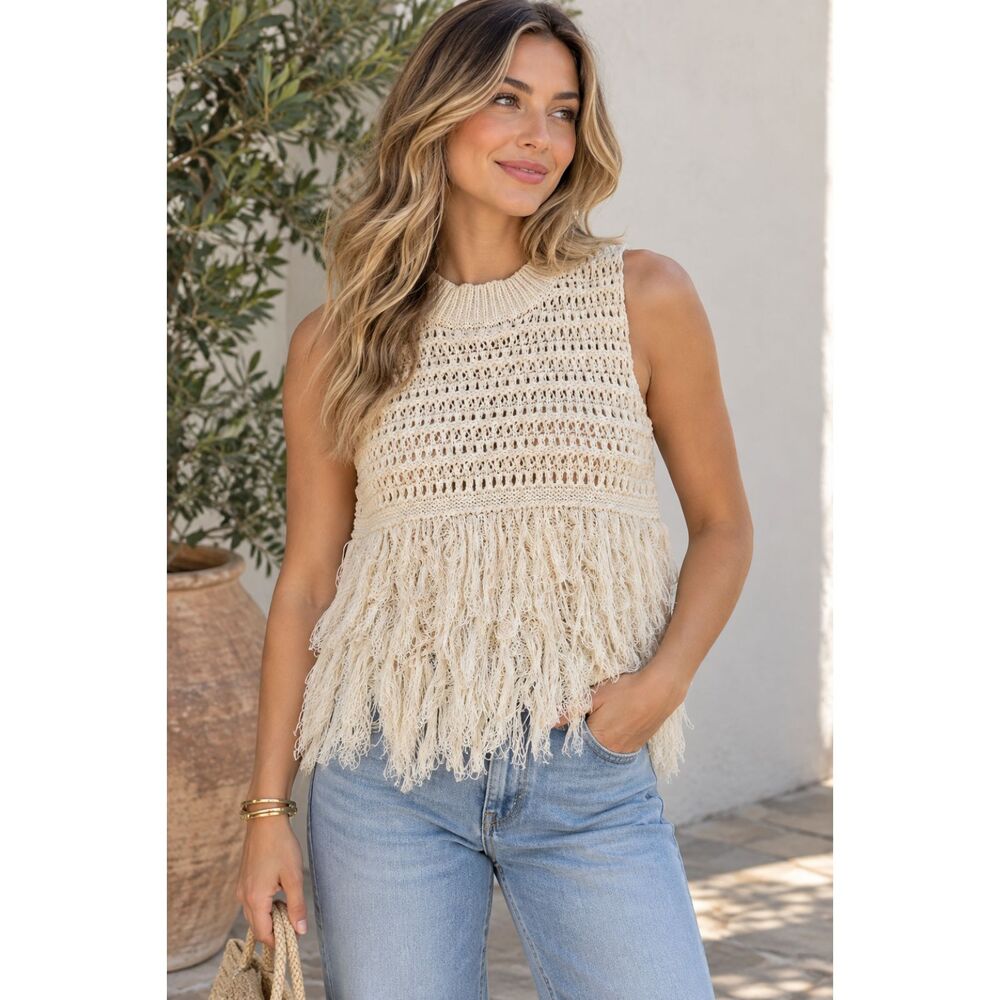 SHEIN Beige Open Knit Fringe Sweater Vest Medium Mock Neck Boho Pullover